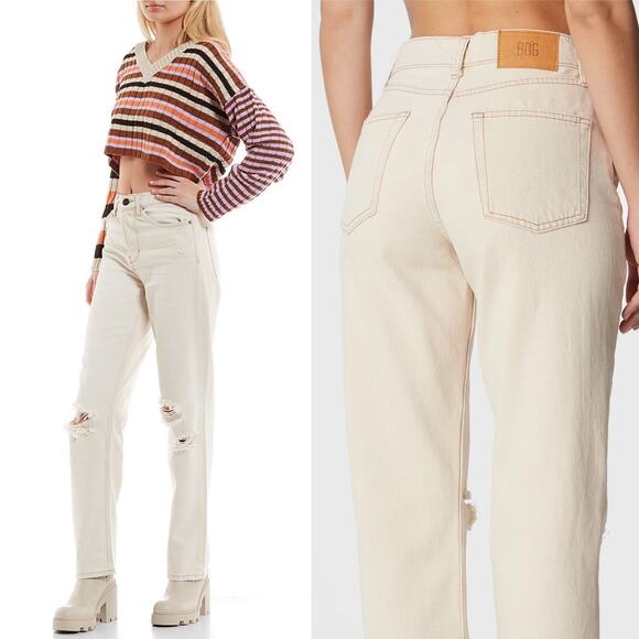 BDG Urban Outfitters Button Fly High Rise Straight Ripped Jeans Ecru W29 L32 NWT - Picture 5 of 12